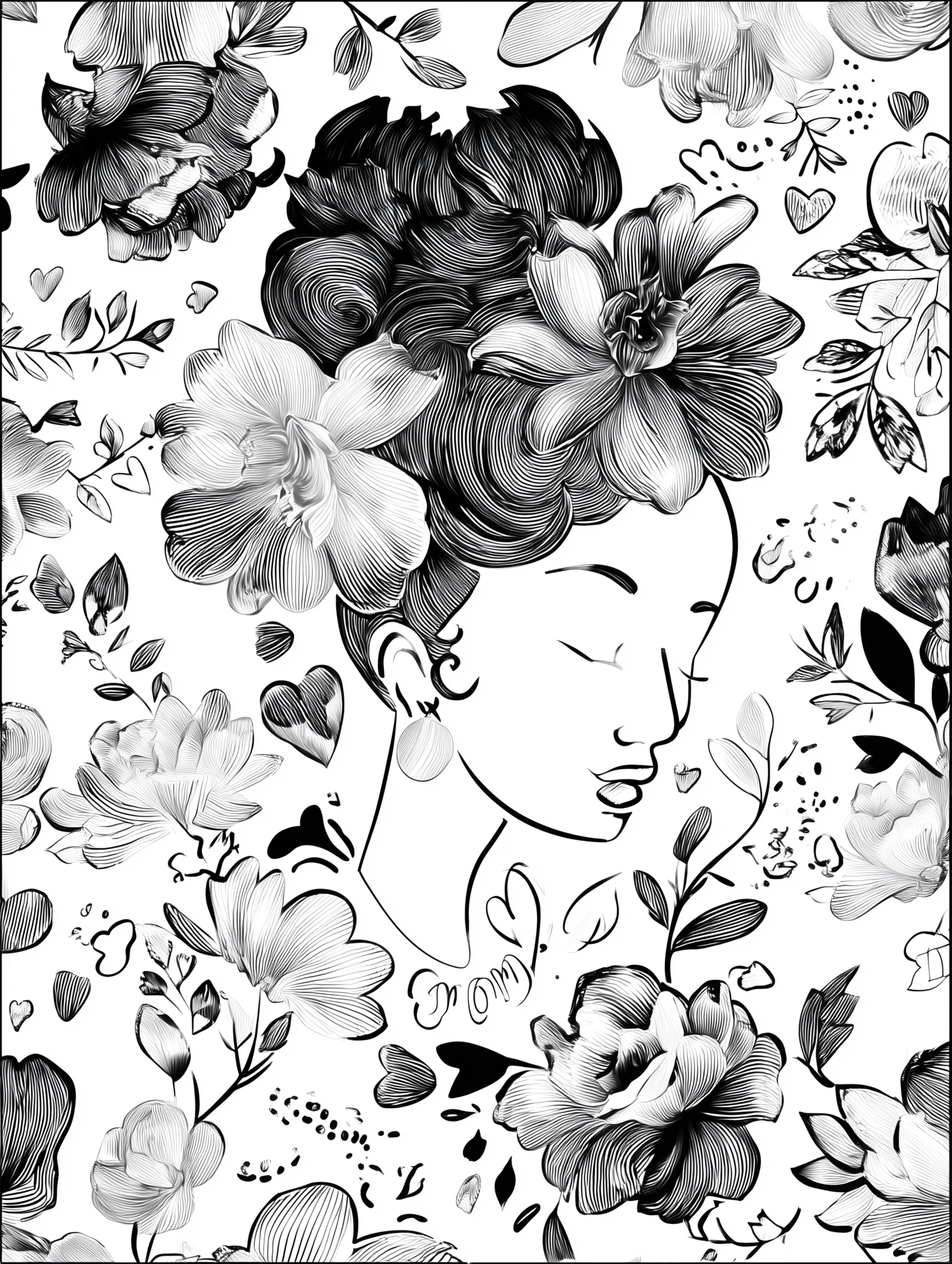 Free printable coloring page for your mom featuring a profile view of mom in flowers